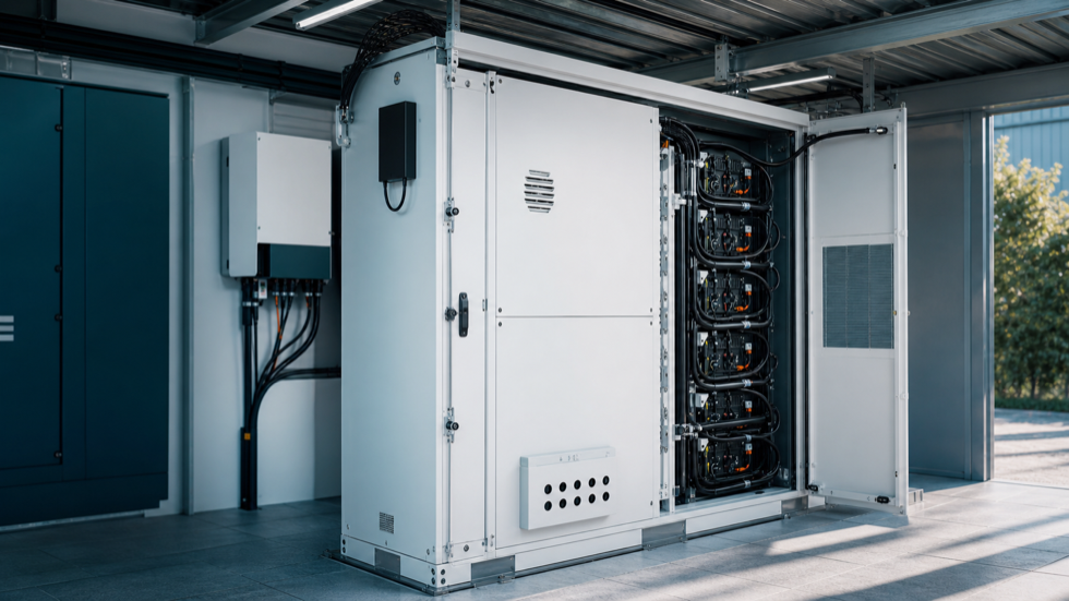 Gabinete de armazenamento de energia com baterias e equipamentos elétricos