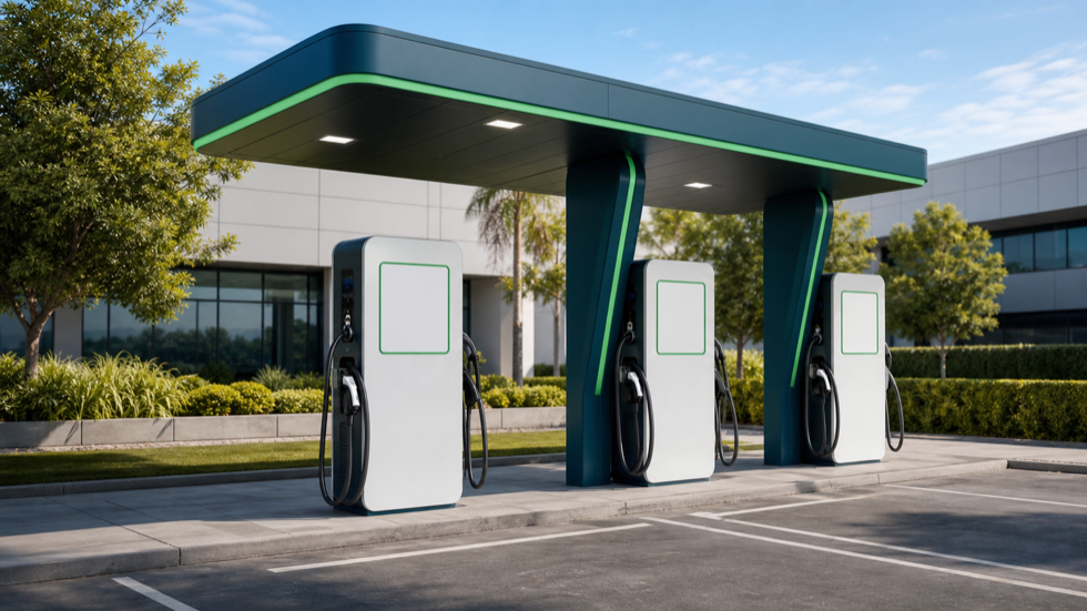 Eletropostos modernos com cobertura e carregadores para veículos elétricos